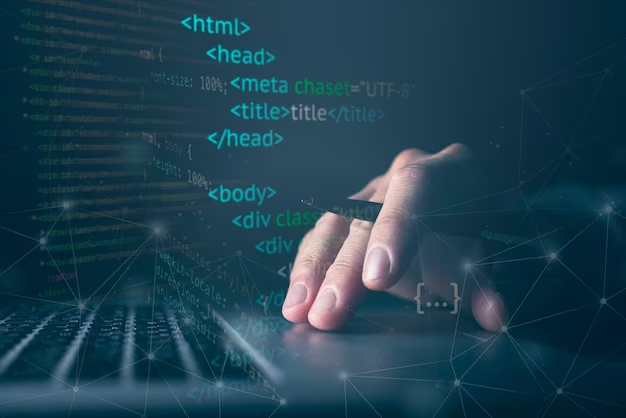 A person's hand typing on a laptop keyboard, with a holographic projection of html code floating above the keyboard.