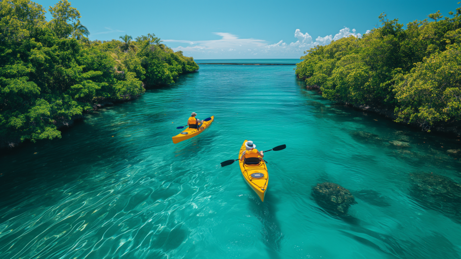 Kayakers gliding through the serene, crystal-clear waters of Biscayne National Park