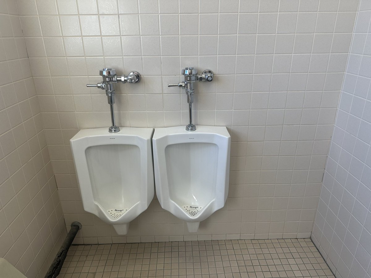 Two urinals right next to each other.