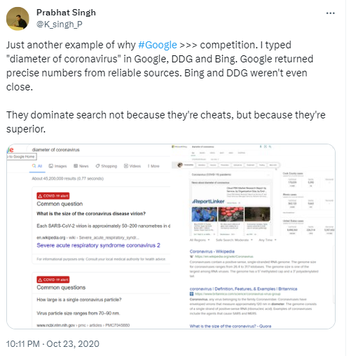 X post by @K_singh_P regarding Google's performance compared to DDG and Bing.