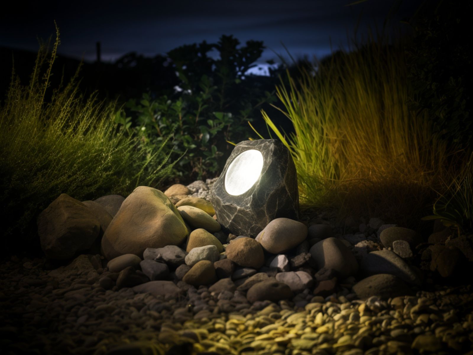 A rock light placed in the middle of a garden