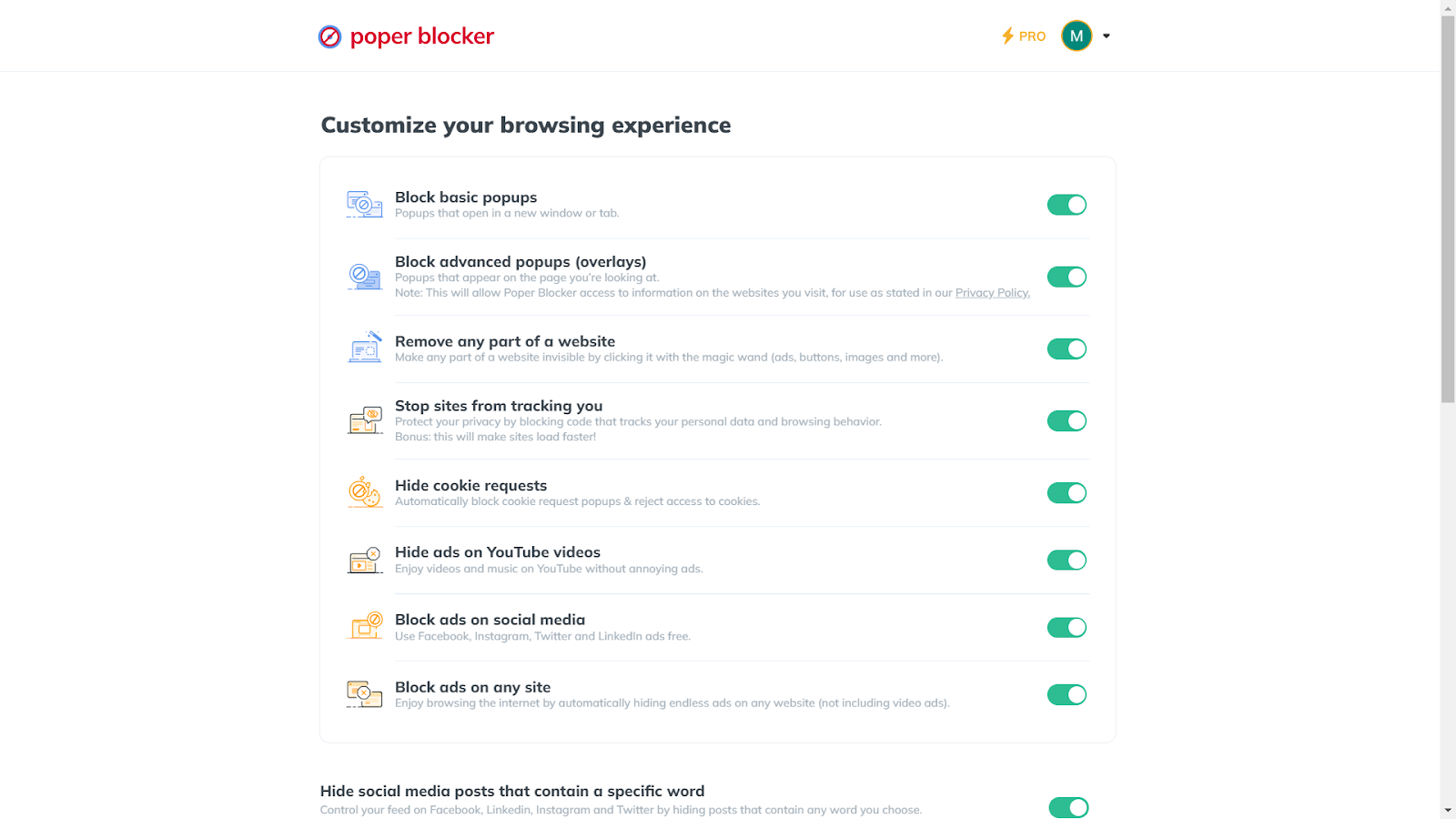 Poper Blocker extension settings