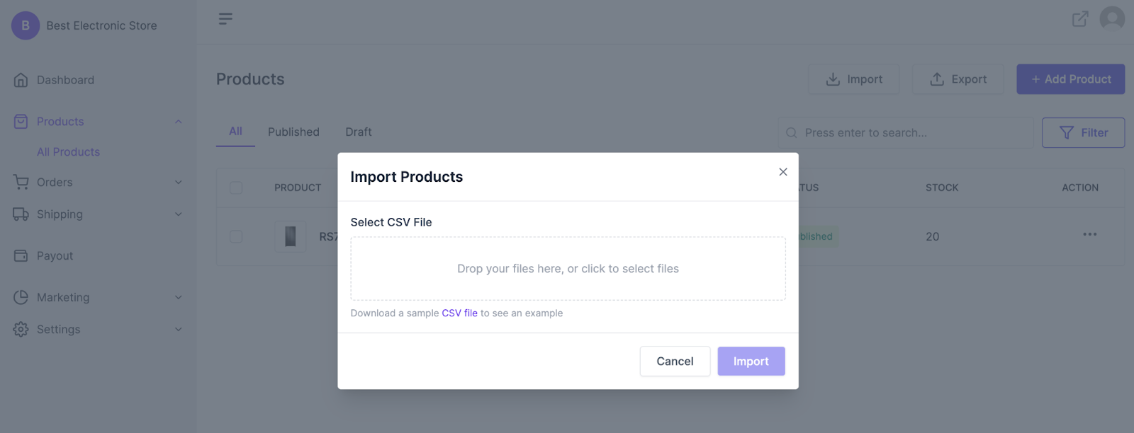 This is a screenshot that shows how to import all products as a CSV file