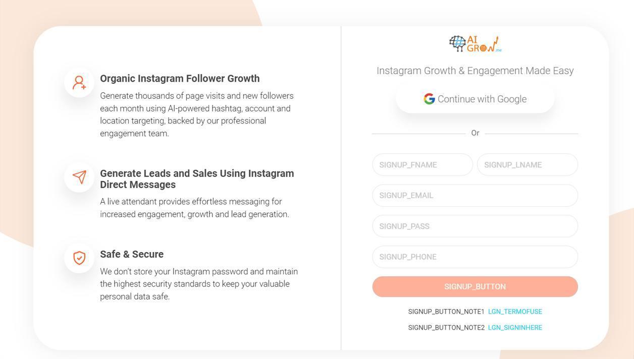 Sign up page on AiGrow