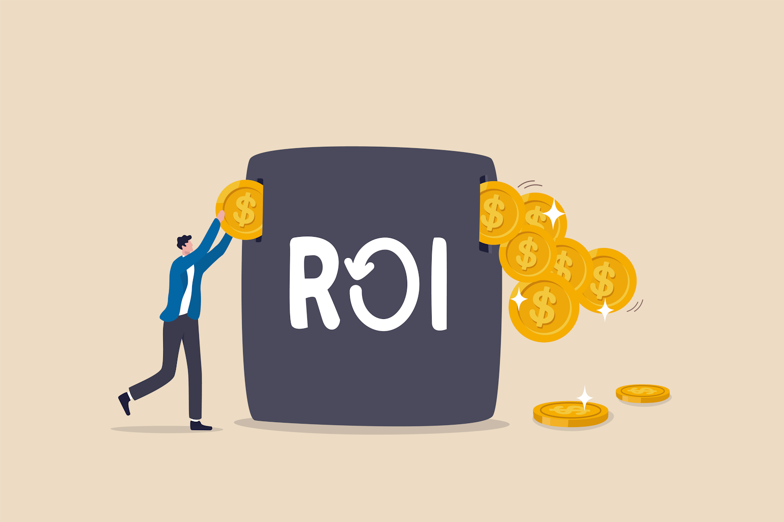 man holding coins and roi sign animated picture