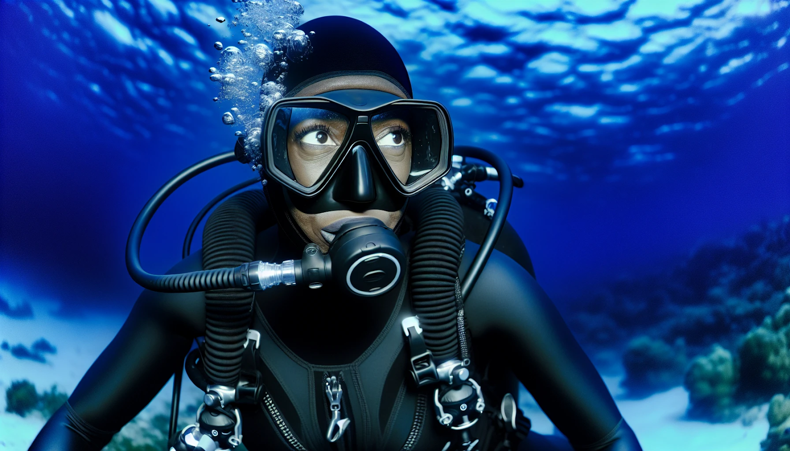An advanced diver in a high-performance drysuit exploring the deep ocean