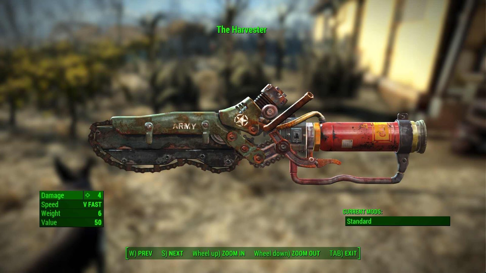The Harvester, a miniaturized chainsaw with the word "ARMY" stenciled on the side, viewed through the inventory UI of Fallout 4.