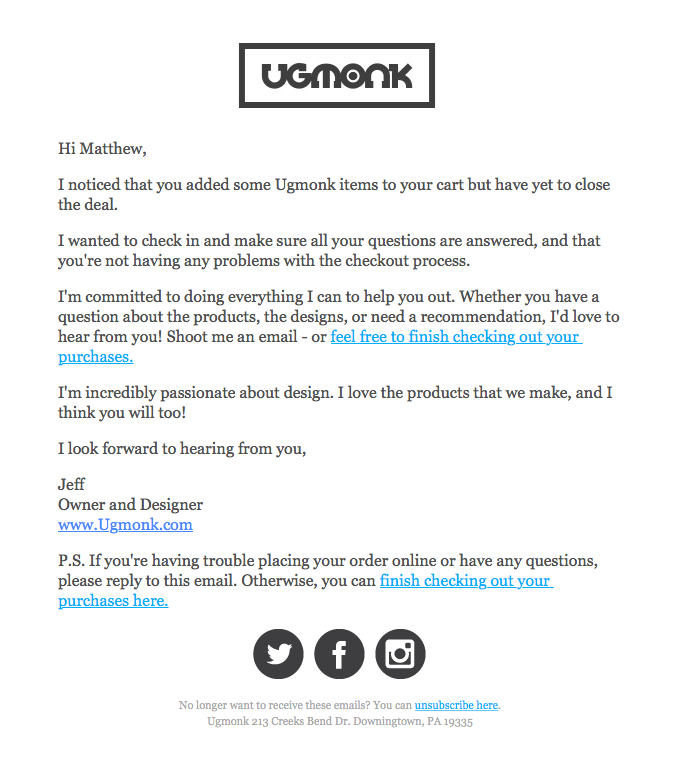  example of a cart abandonment email from Ugmonk
