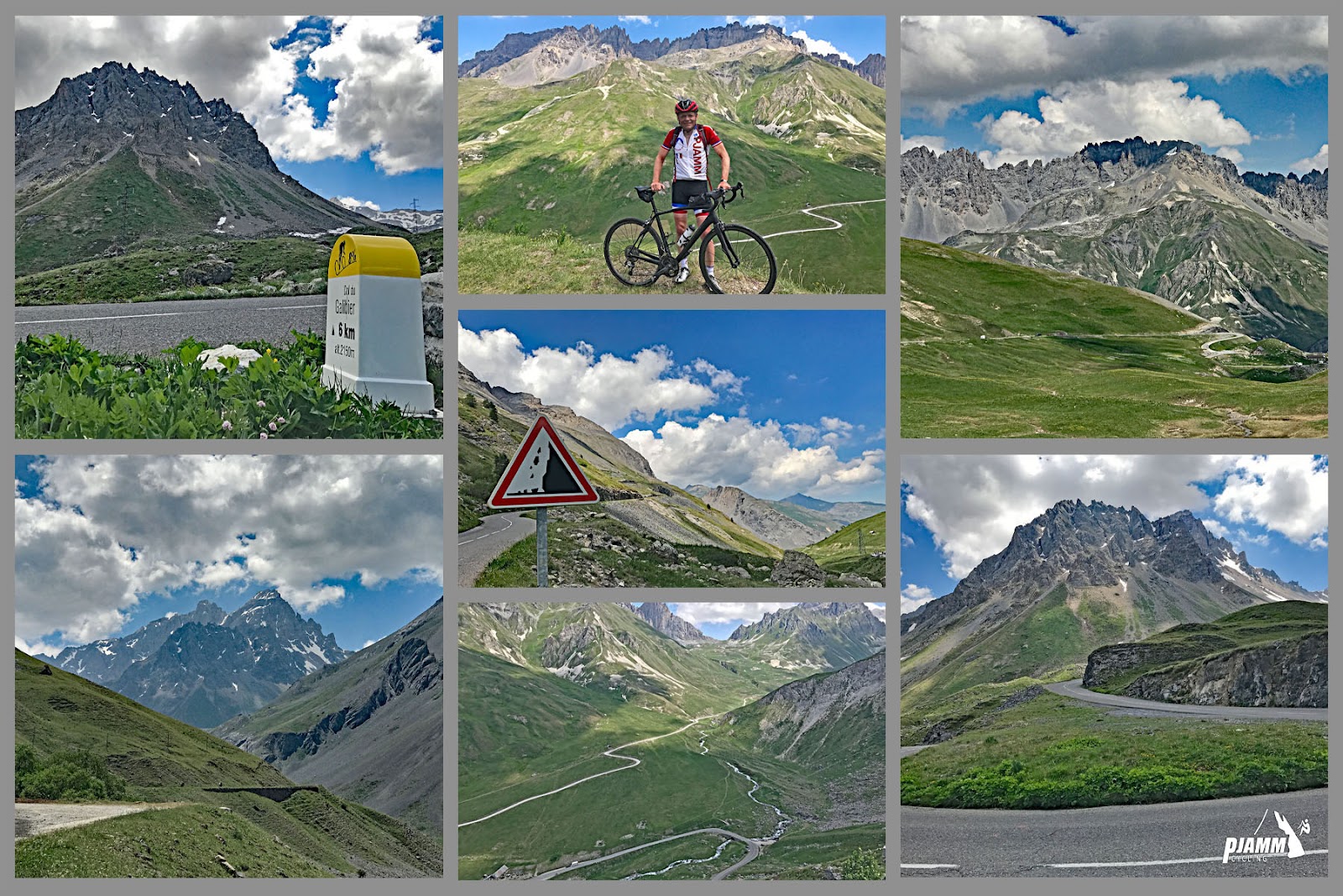 Cycling Col du Galibier from Valloire: photo collage shows beautiful mountainous French Alps scenery along the climb: sharp mountaintops, lush green hillsides, roadways snaking through the idyllic mountain; yellow & white KM markers