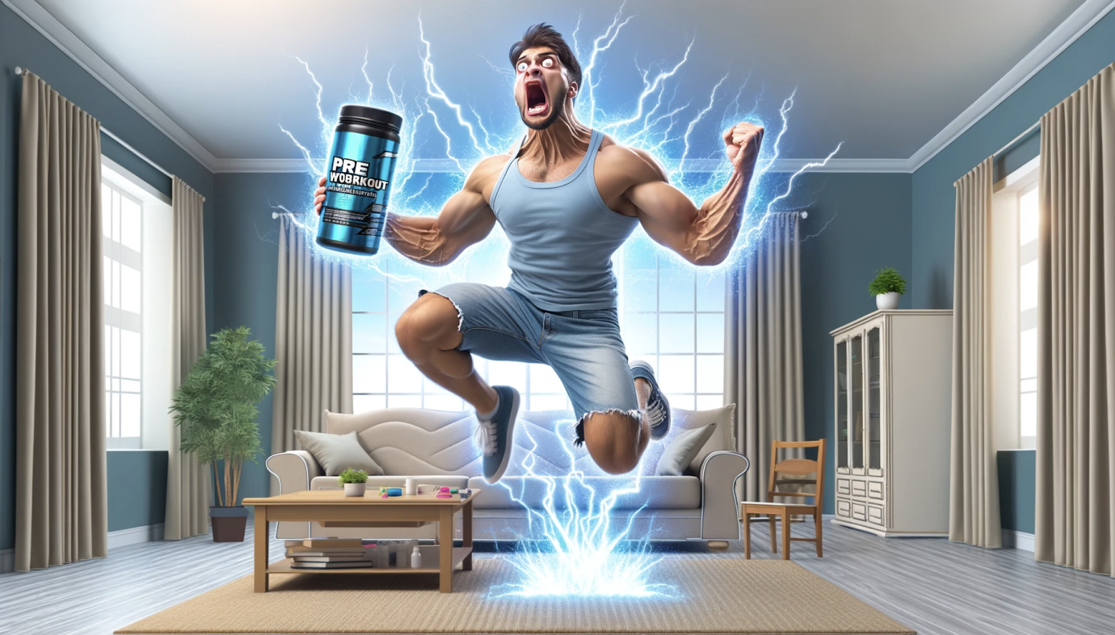 AI generated image of a man with a lot of energy after drinking preworkout