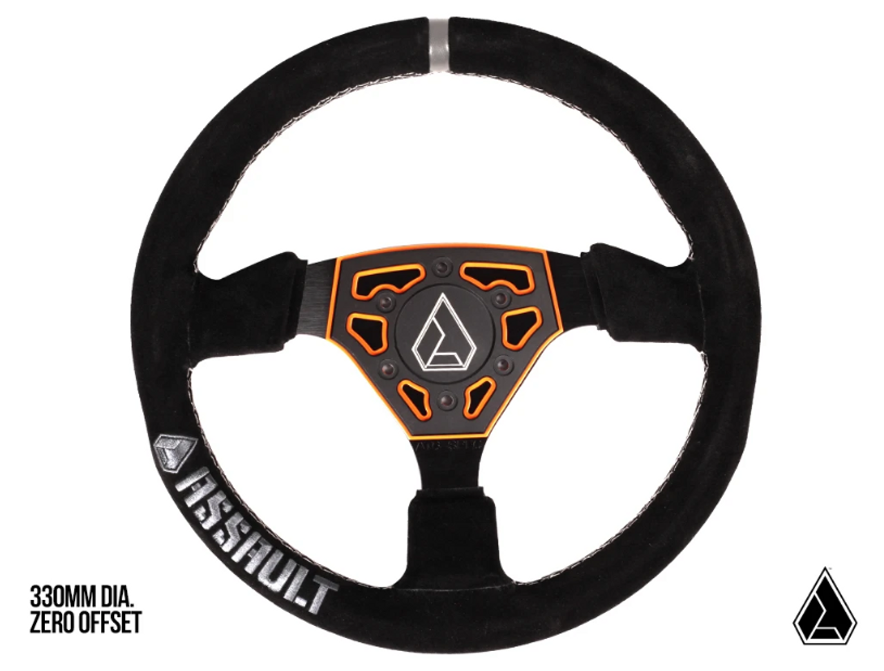 An image of the Polaris Ranger XP 1000 Navigator Suede Steering Wheel by Assault Industries, pictured uninstalled and against a blank background with a small logo in the bottom right corner of the image and the words "330 MM DIA. Zero offset" in the bottom left corner.