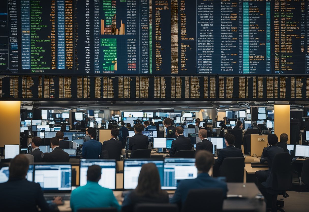 A bustling crypto exchange with screens showing btc, eth, and other top crypto abbreviations. Traders discussing transactions and terms