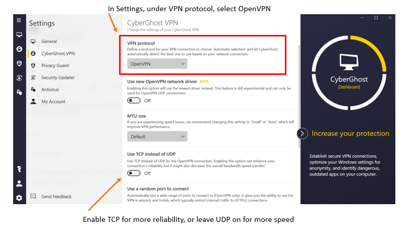 Captura de pantalla de la aplicación de escritorio de CyberGhost VPN: cómo seleccionar OpenVPN como protocolo