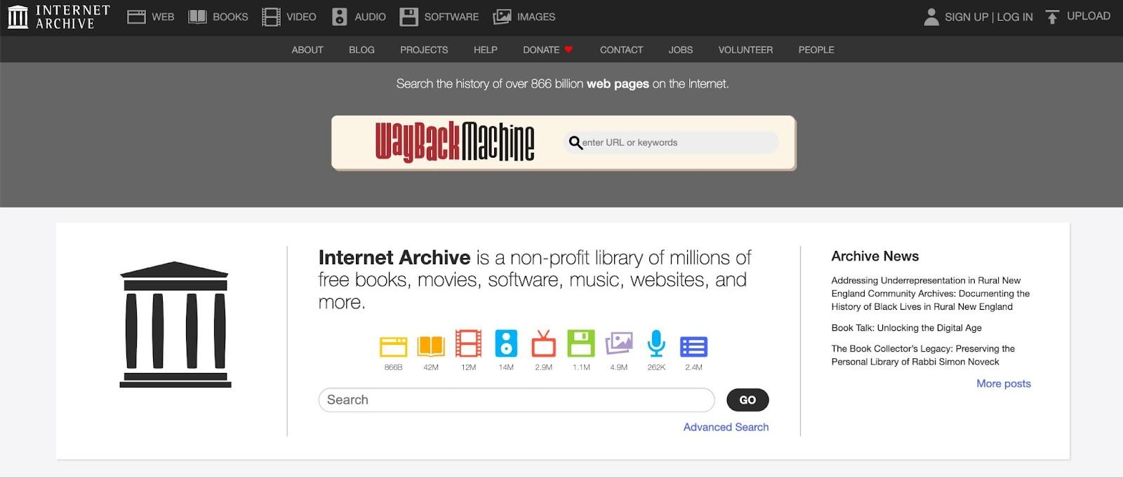 Internet Archive landing page.