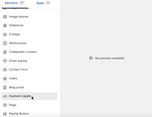 A screenshot of the Add section menu on Shopify with the cursor hovering over the Custom Liquid option