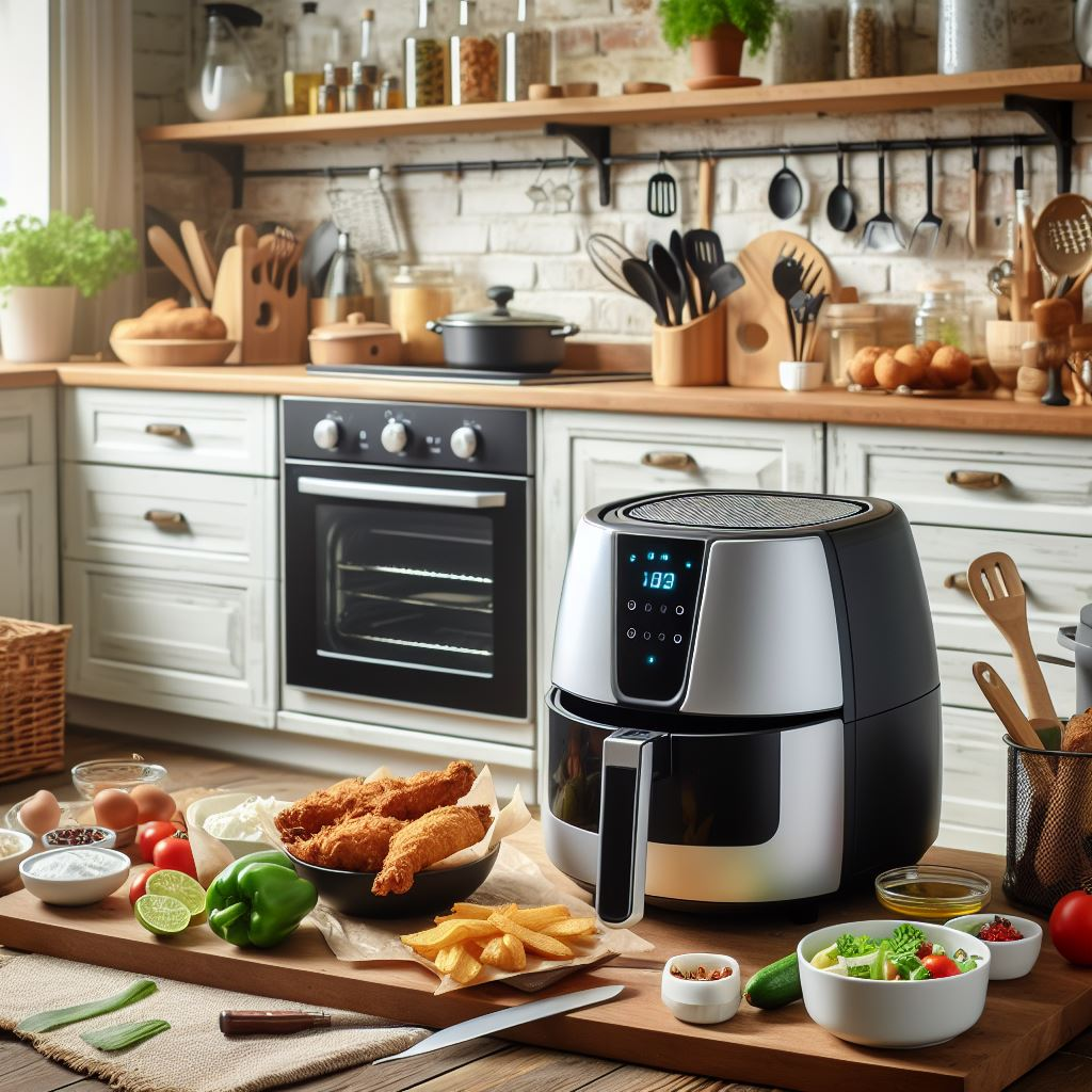 Uma air fryer moderna acompanhada com pratos deliciosos