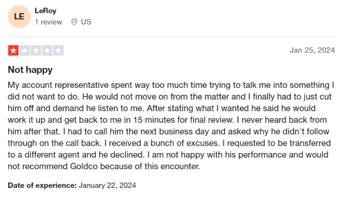 A negative Goldco review from someone who did not have a good customer service experience. 