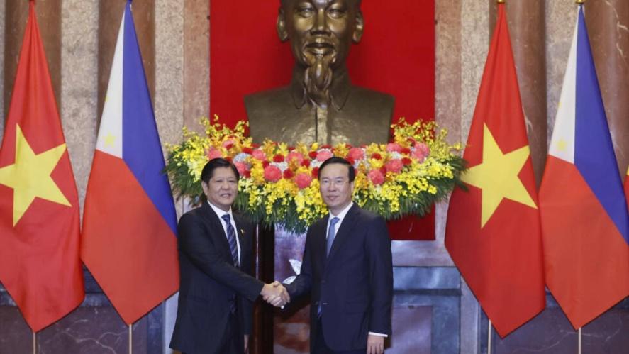 Philippine President Ferdinand Marcos Jr., left, and Vietnamese President Vo Van Thuong shake hands before a meeting in Hanoi, Vietnam Tuesday, Jan.30, 2024. Marcos is on a visit to Hanoi to boost the