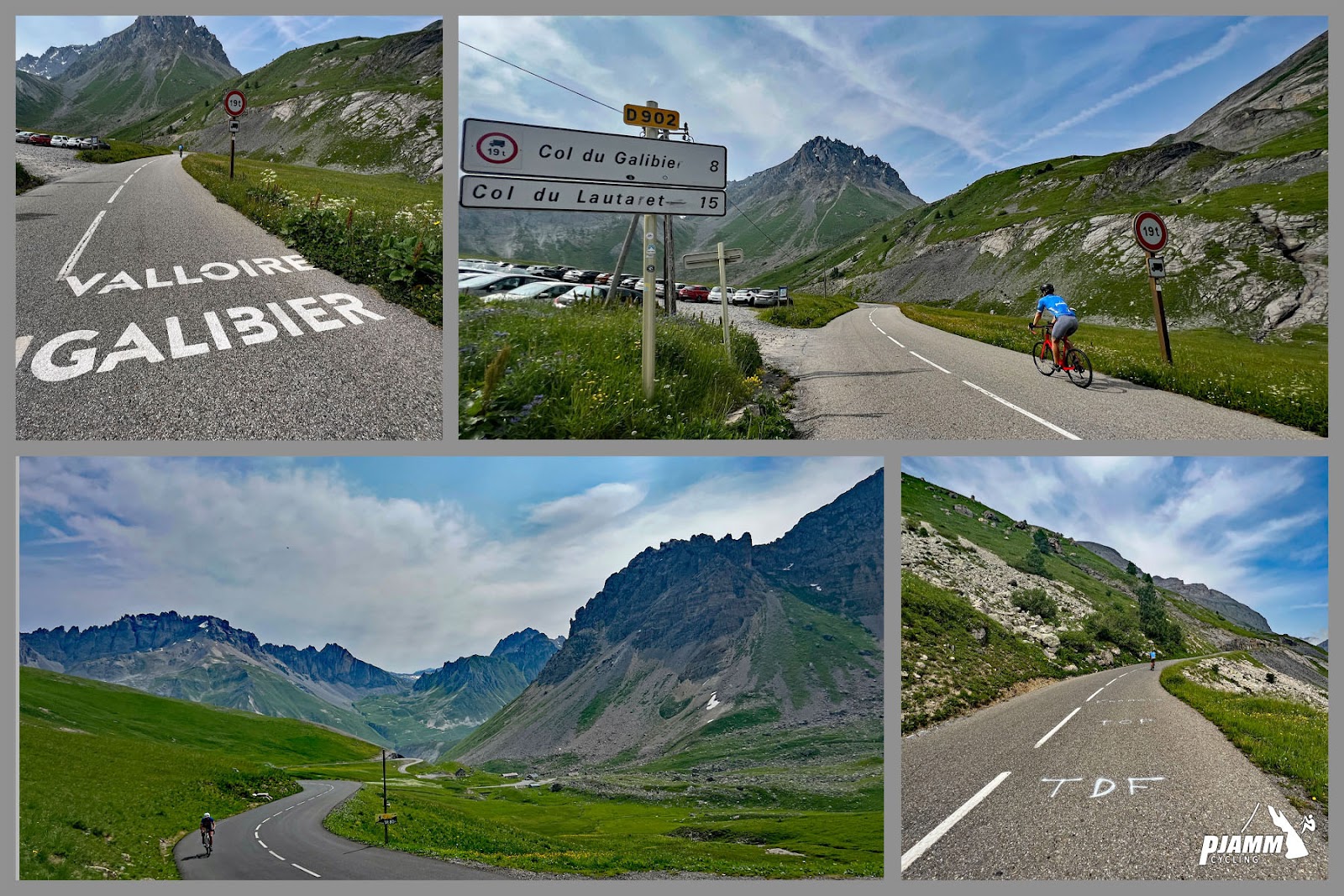 Cycling Col du Galibier from Valloire: photo collage shows road conditions, street signs, and greenery and mountain views on middle third of the climb; roadway spray painted with "TDF"