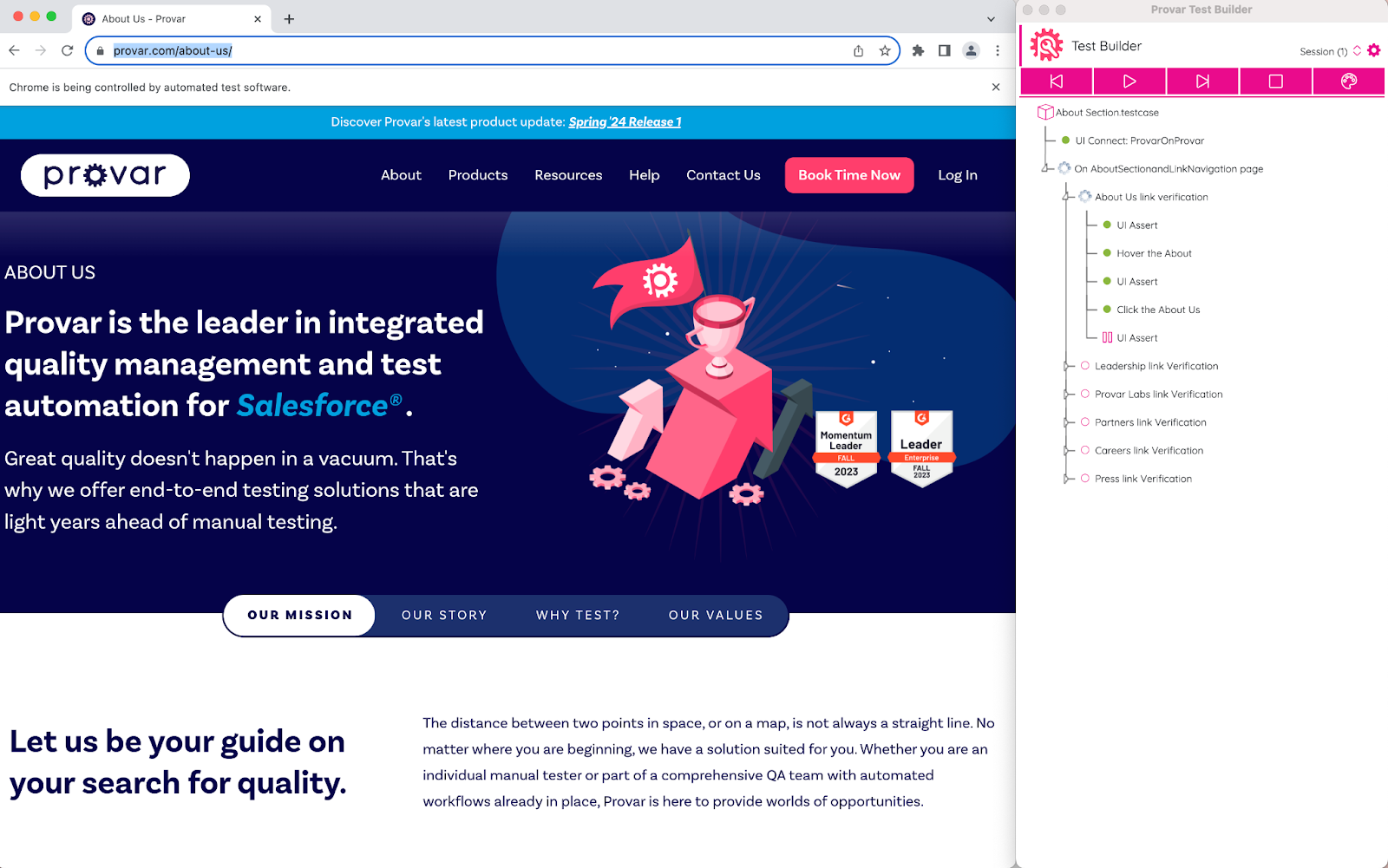 Provar website's 'About Us' page displayed alongside the Provar Test Builder interface.