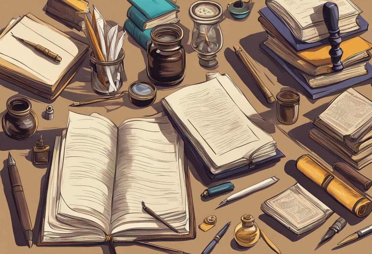 Famous writers' tools and books scattered on a desk, with a quill pen and inkwell
