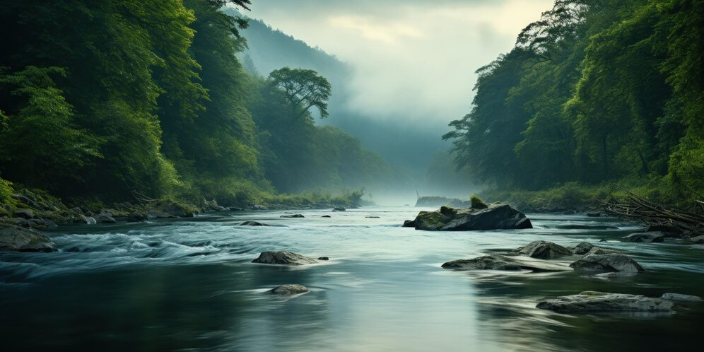 A scenery depicting a river and trees