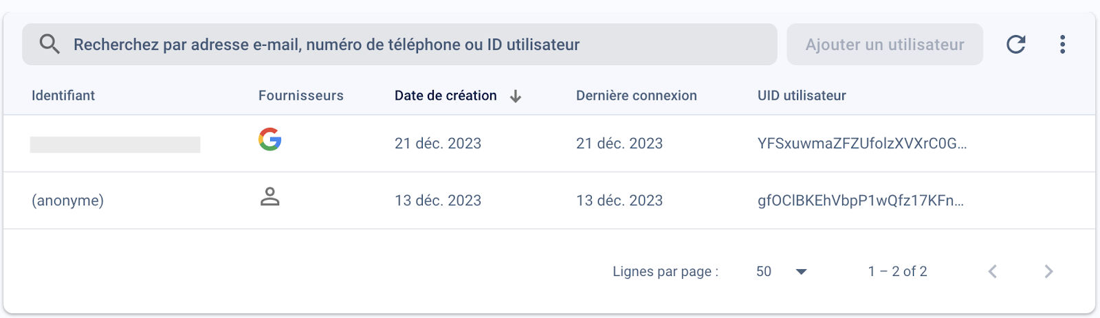 Capture d'écran de la console d'authentification Firebase montrant une connexion avec Google