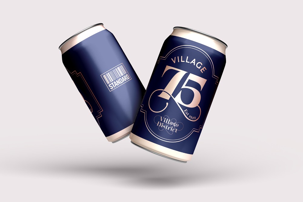 Digital rendering of 75th anniversary Village District beer cans for Standard Beer + Food