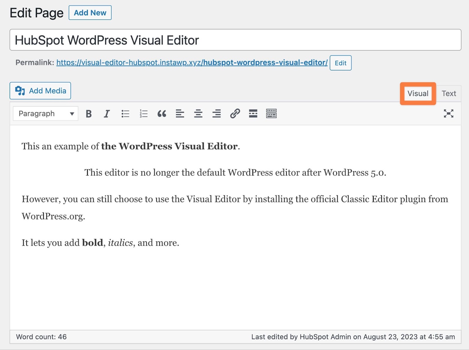 An example of the WordPress Visual Editor