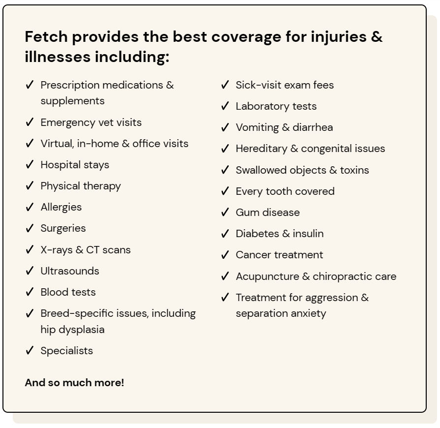 List of coverages by Fetch pet insurance

