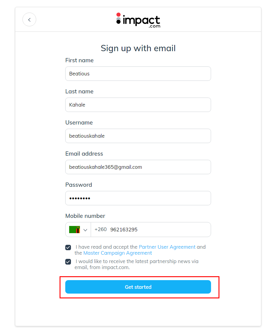 Impact radius sign up page step 2