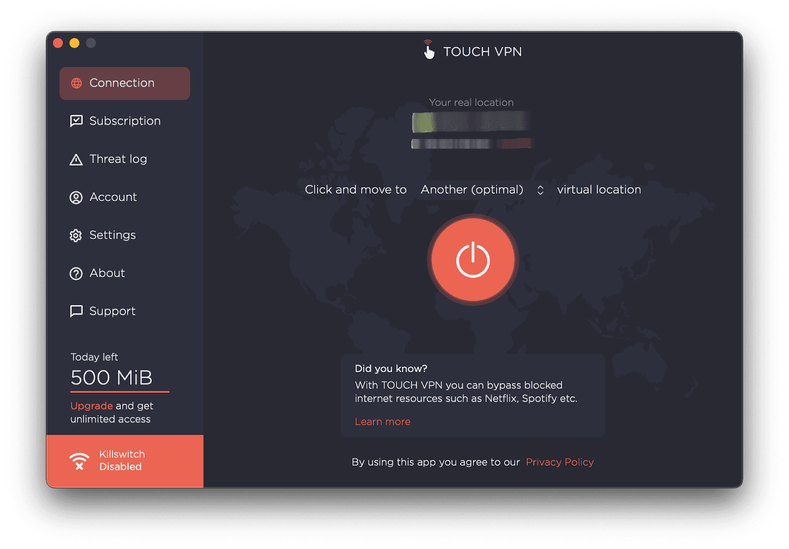 TouchVPN for macOS main screen