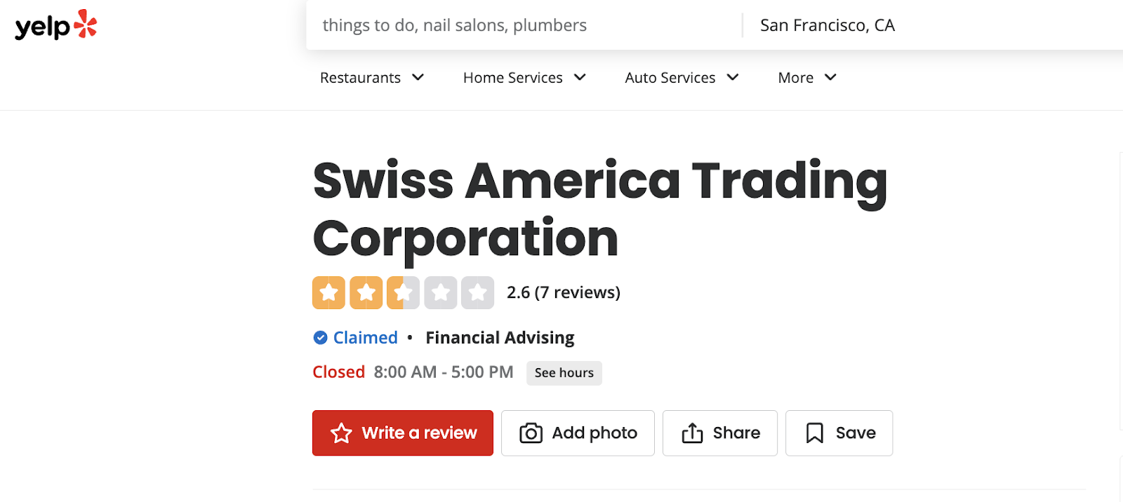 Swiss America Trading Corp complaints on Yelp