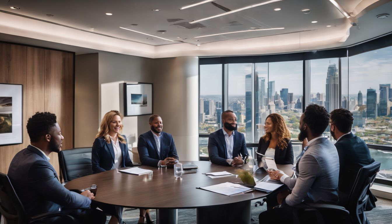A diverse group of professionals having a lively discussion in a conference room.