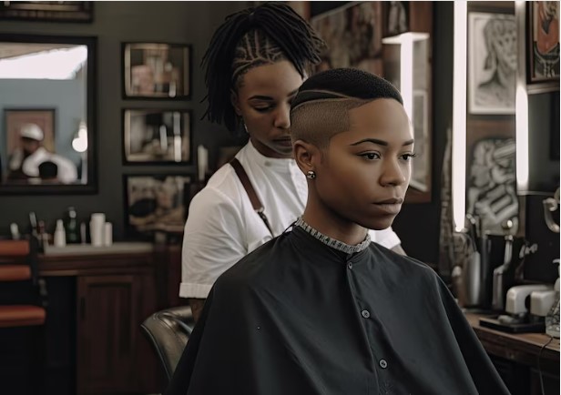 A hairstylist shaving a client's hair