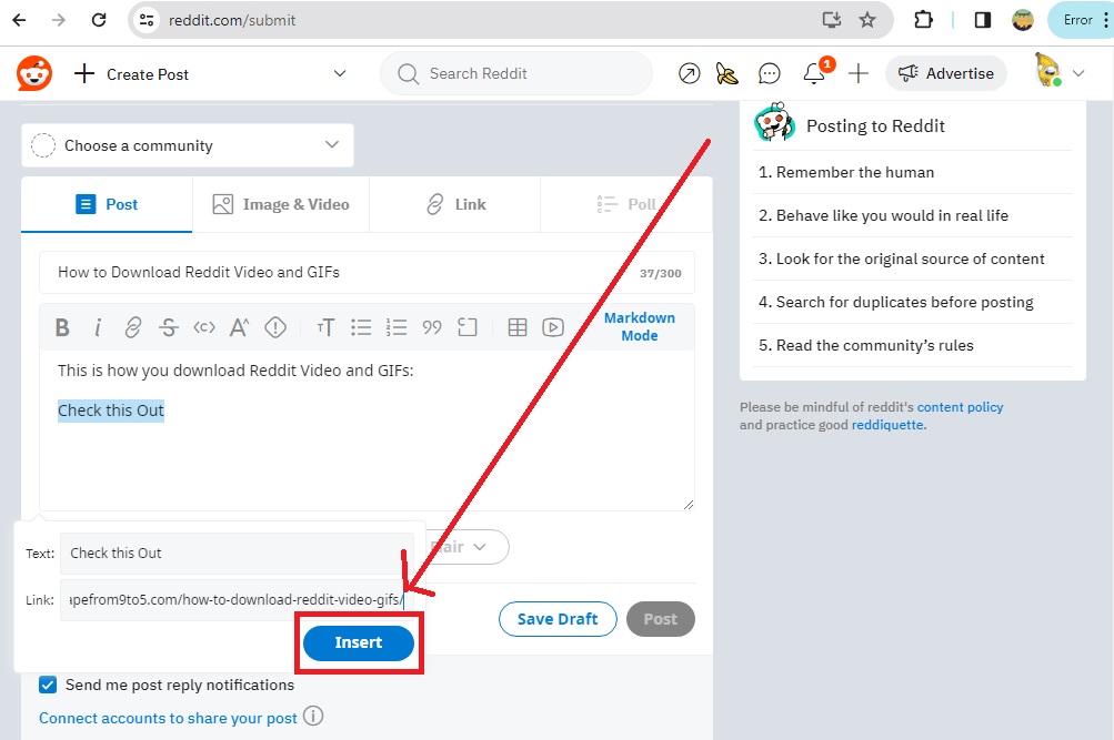 How to Add Links into Reddit Post and Comments - Click Insert