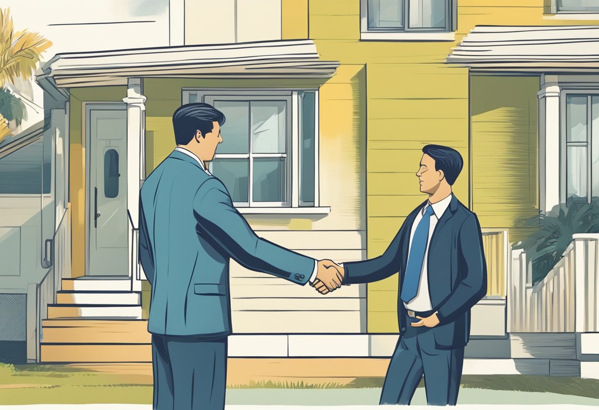 A house key being exchanged for cash, with a real estate agent and a buyer shaking hands, while a seller looks on with a mix of relief and uncertainty