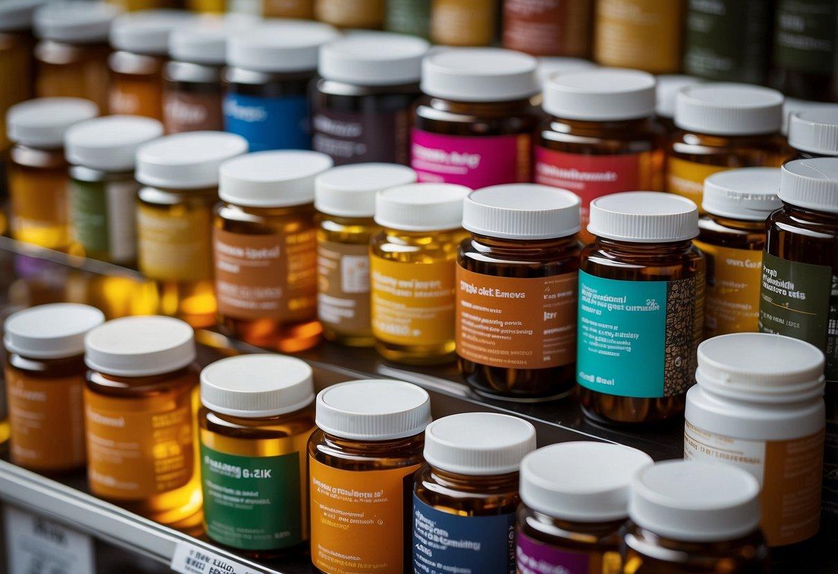 A variety of dietary supplements displayed with labels showing their specific benefits