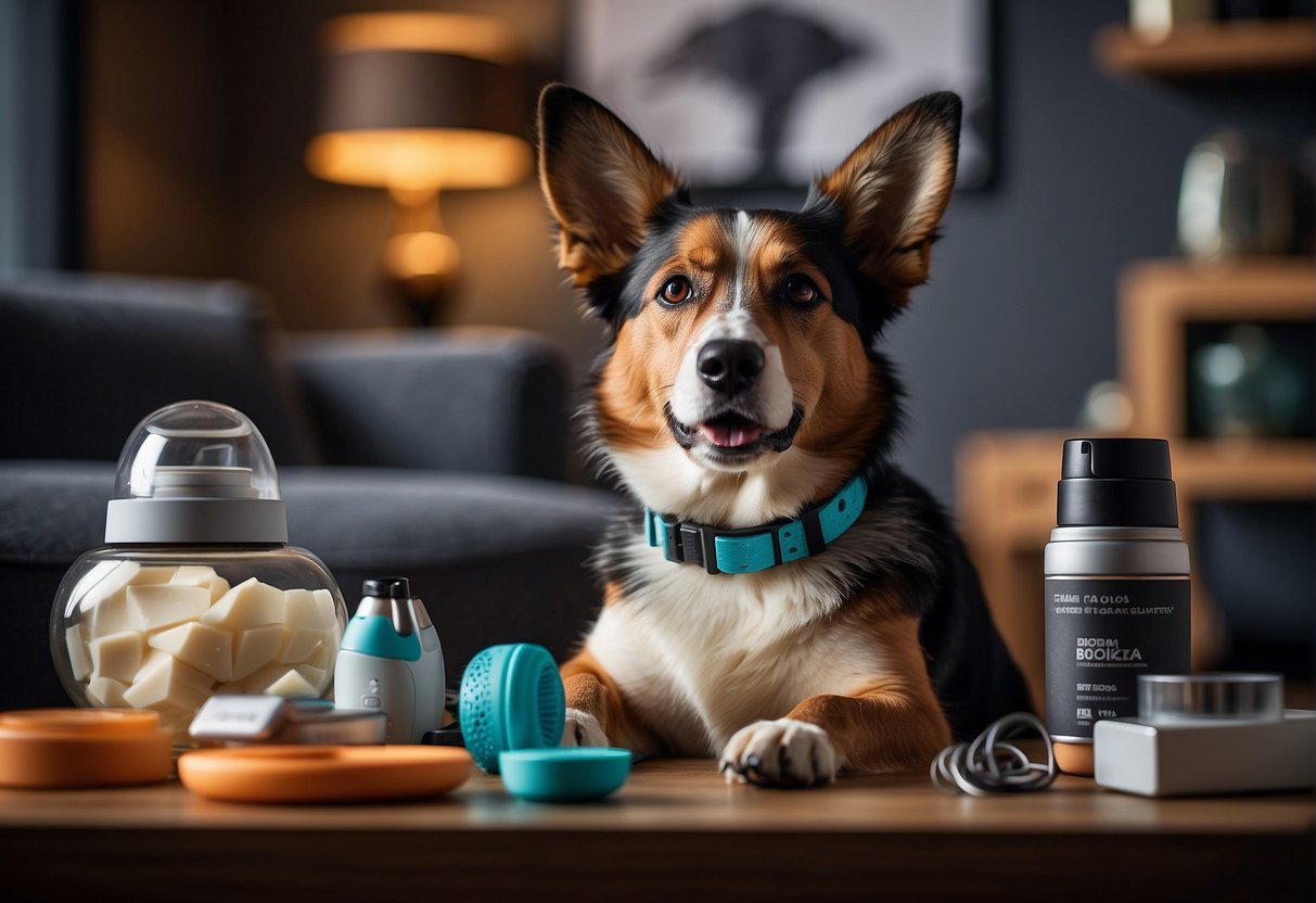 A dog surrounded by various innovative pet care products and technologies, such as smart collars, interactive toys, and advanced grooming tools
