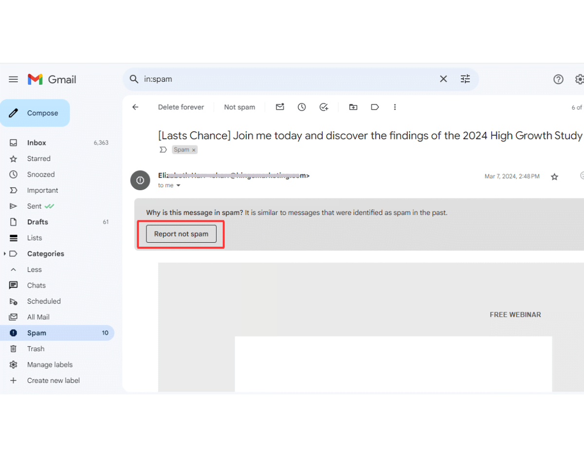 Report not spam button in an email