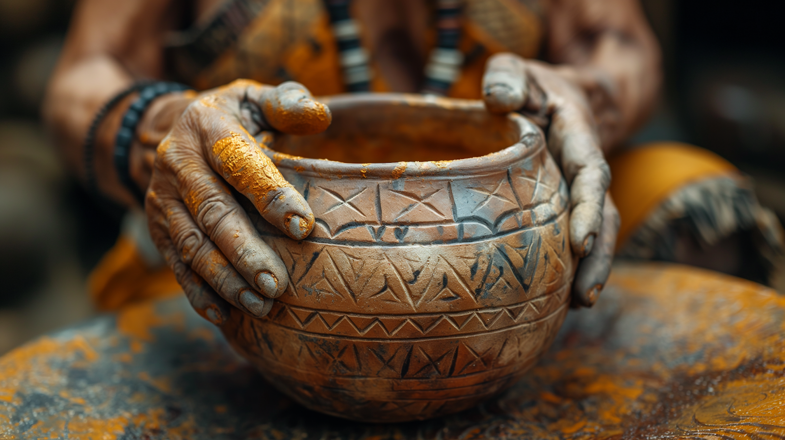 Artisan crafting Aztec-inspired pottery, detailing the process and traditional designs.