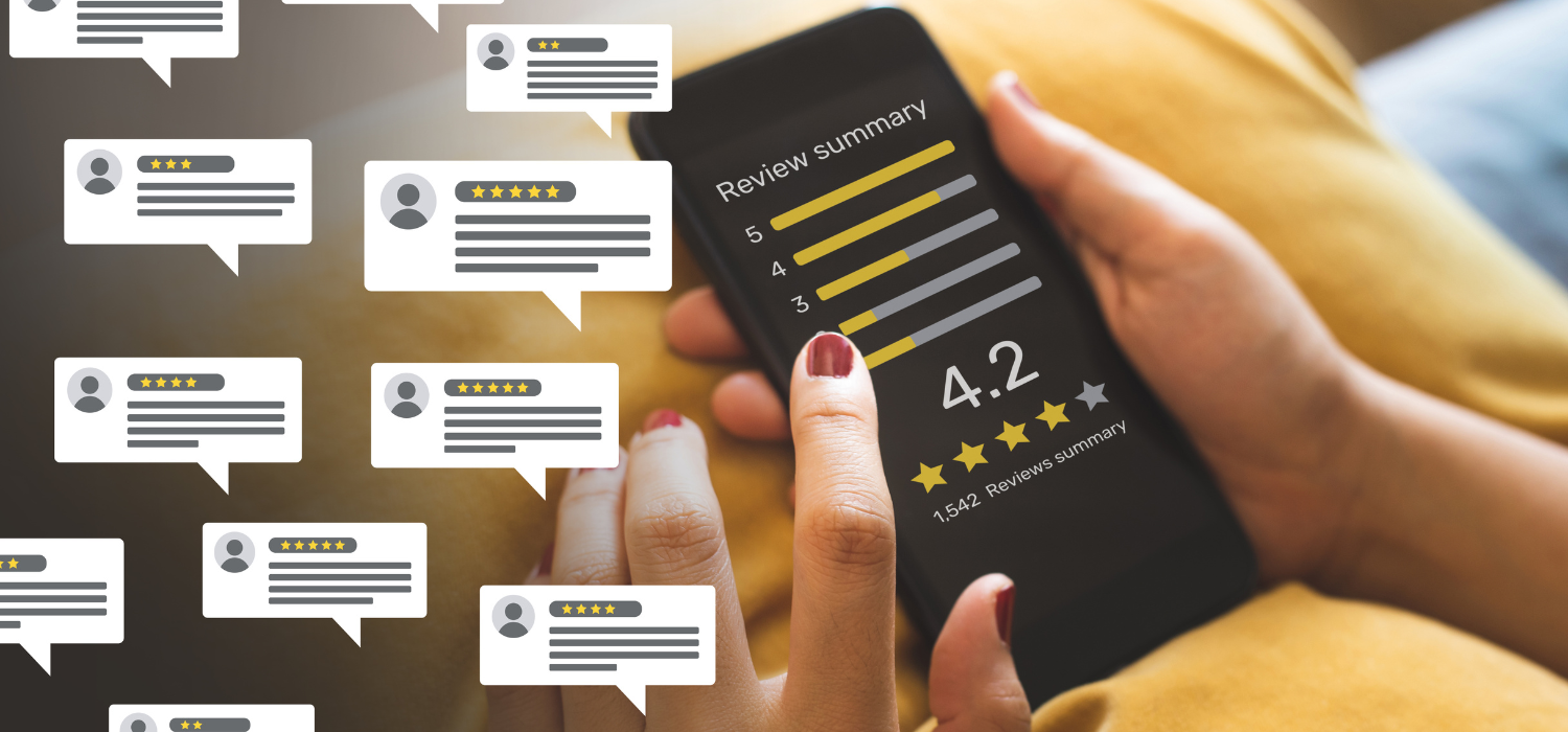 Hands holding a smartphone displaying a 4.2-star review summary for a restaurant, surrounded by chat bubbles with star ratings.
