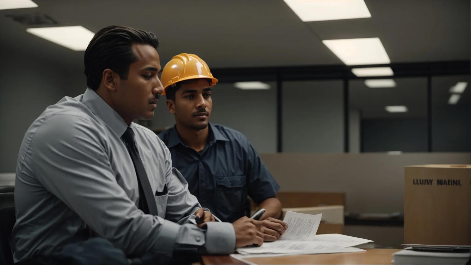 a worker in a hard hat speaking with a lawyer in an office.
