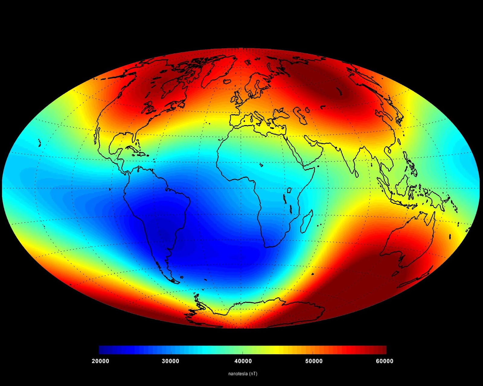 A heat map of Earth. A scale at the bottom in nanotesla, a unit of measurement for magnetic fields, denotes blue as a weaker magnetic field and red as a stronger magnetic field. The North Pole in dark red fades to yellow through North America and Asia. The South Pole in dark red extends up towards Australia. South America, Africa, and Asia are blue and green.