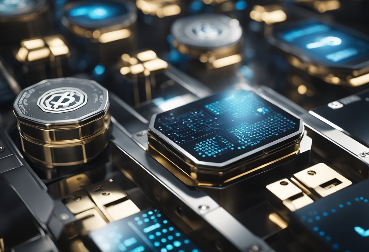 A secure vault with 7 labeled crypto wallets, each with unique security features and encryption, surrounded by high-tech security measures