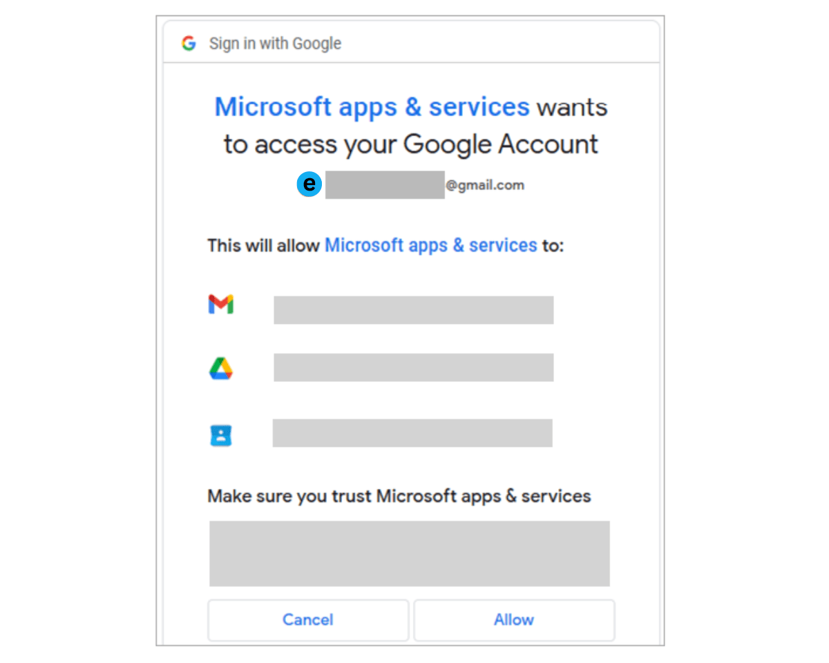 Google account permissions window