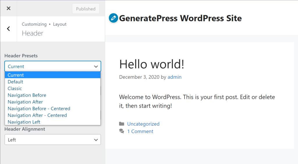 Header settings in GeneratePress - GeneratePress vs Astra comparison
