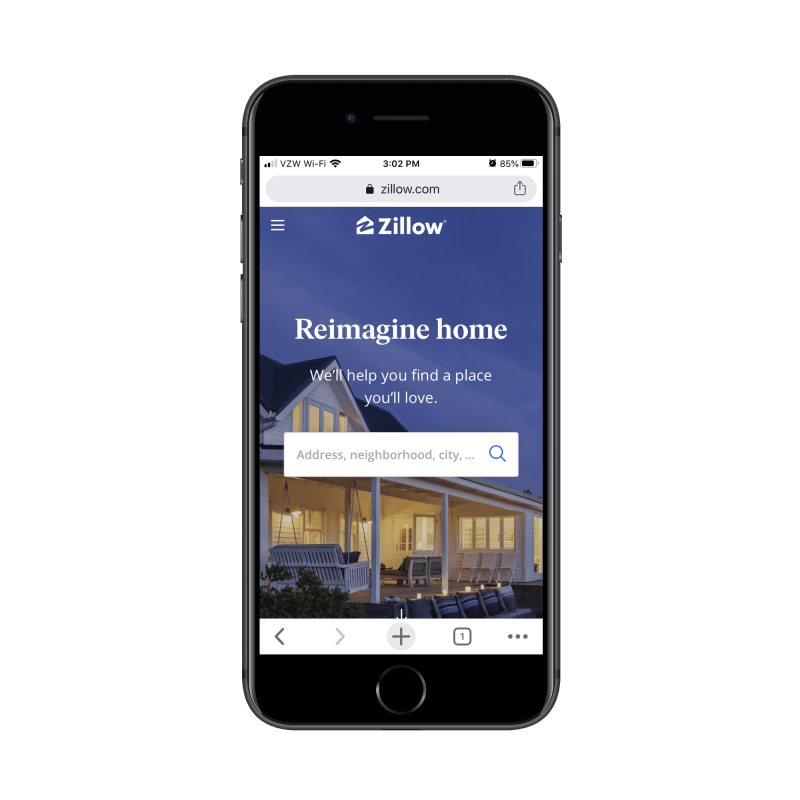 Zillow homepage on mobile