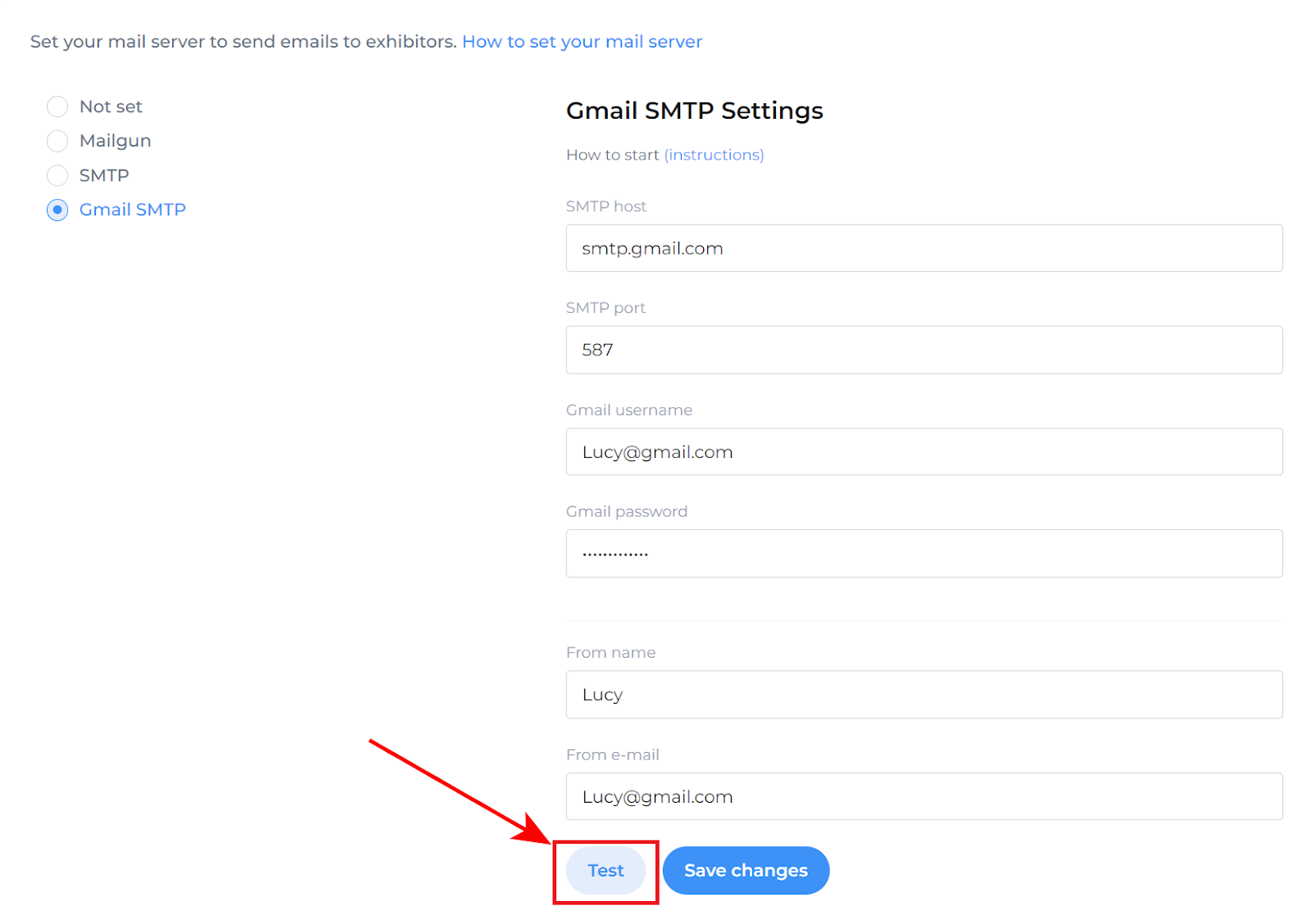 Gmail SMTP settings page with Test button in box